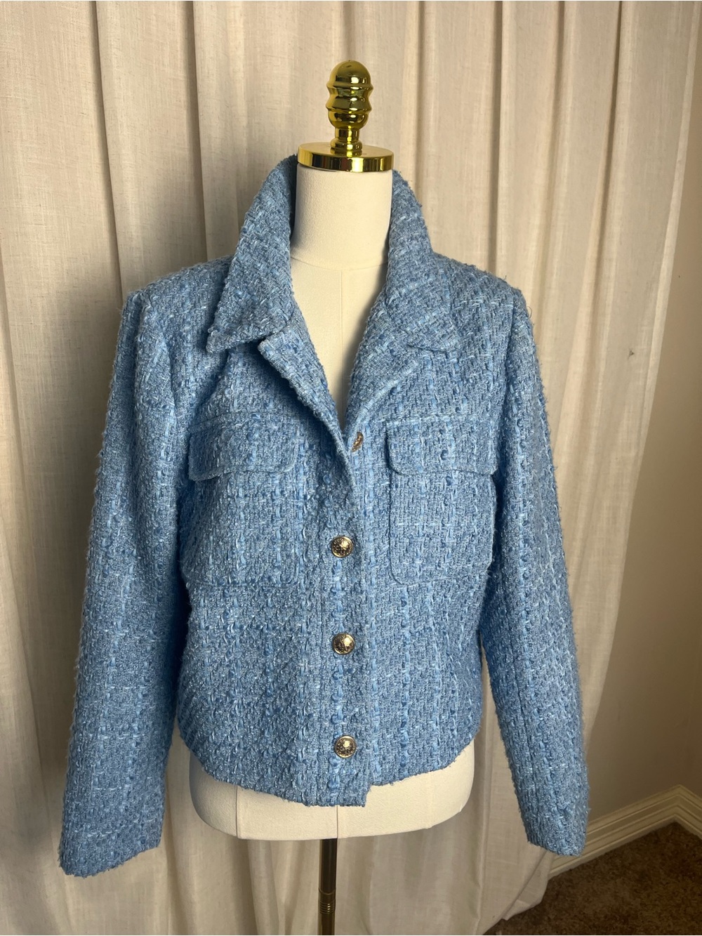 Rachel Zoe Light Blue Tweed Blazer with Gold Buttons